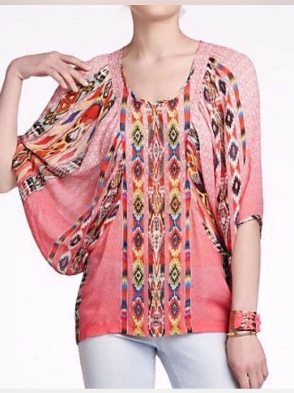 Anthropologie Tanvi Kedia Coral Boho Multicolor Ikat Panel Tunic